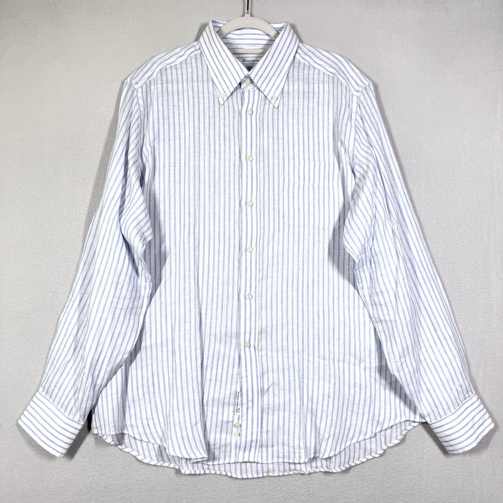 Camicissima Shirt Mens 45 18 Linen White Blue Striped Italy Slim Fit Button Down